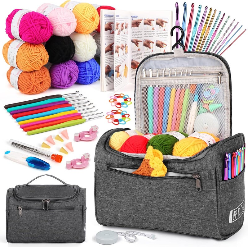 Aeelike Crochet Kit for Beginners Young and Old, First Crochet Kit for Adults Include 23pcs Crochet Hooks, 655 Yards Yarn Set for Crocheting, Instruction, Bag, Crochet Accessories and Supplies, Grey - Image 1